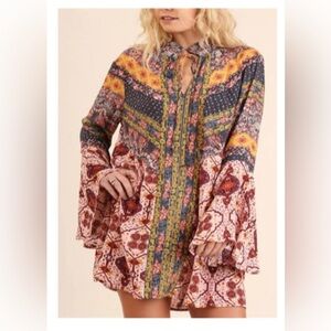 UMGEE Daydream Believer Berry Mix Multi Print Boho Tunic Mini Dress Womens Small